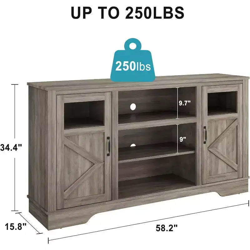 Mobile TV Acekool Farmhouse con luci a LED, Elegante mobile TV per televisori fino a 65 pollici, con armadietti e ripiani aperti