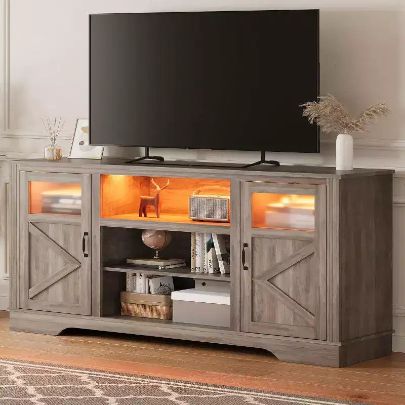 Mobile TV Acekool Farmhouse con luci a LED, Elegante mobile TV per televisori fino a 65 pollici, con armadietti e ripiani aperti