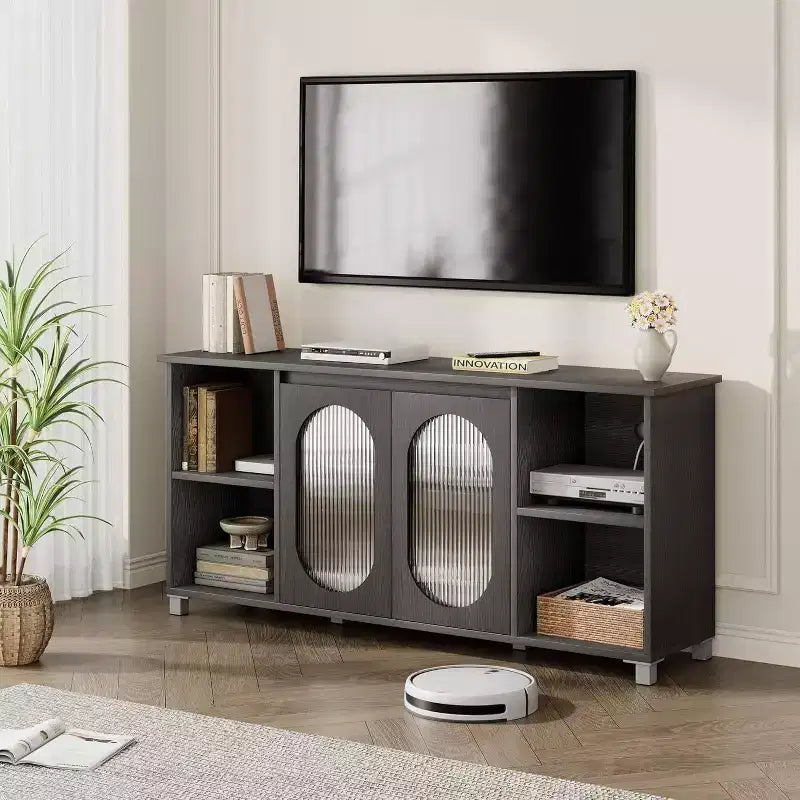 Mobile TV moderno Acekool per TV da 70 pollici, mobile multimediale nero con ante in vetro e ripiani, armadietto contenitore per soggiorno