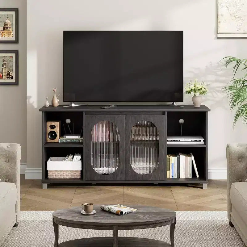 Mobile TV moderno Acekool per TV da 70 pollici, mobile multimediale nero con ante in vetro e ripiani, armadietto contenitore per soggiorno