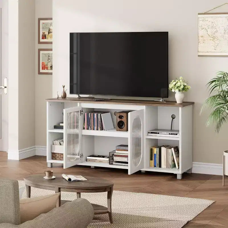 Mobile TV moderno Acekool per TV da 70 pollici, mobile multimediale nero con ante in vetro e ripiani, armadietto contenitore per soggiorno