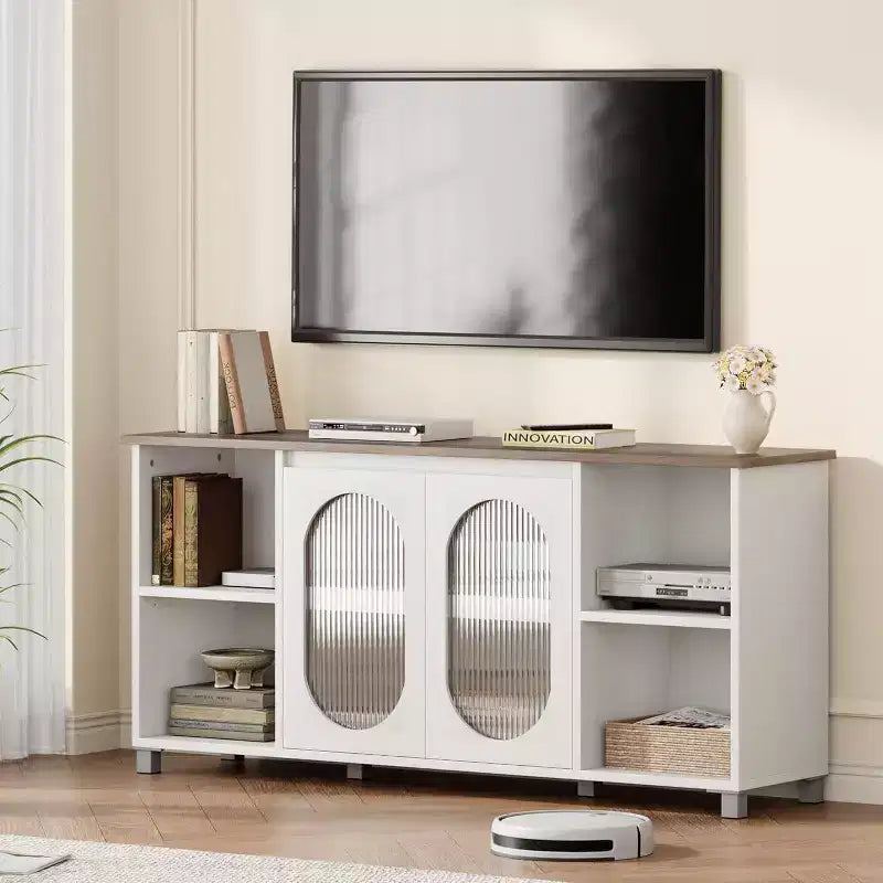 Mobile TV moderno Acekool per TV da 70 pollici, mobile multimediale nero con ante in vetro e ripiani, armadietto contenitore per soggiorno