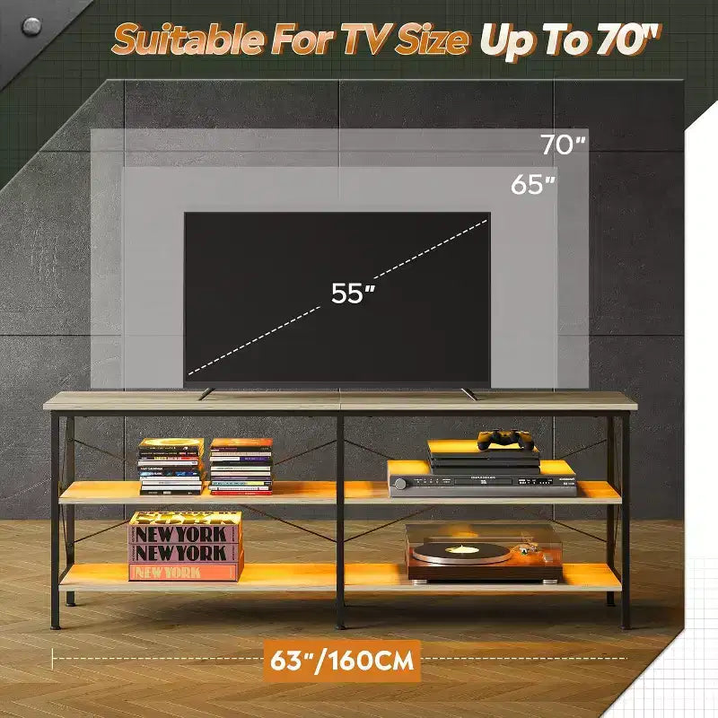 Mobile porta TV GALAXHERO per TV da 65-70 pollici con luci a LED, Centro di intrattenimento da gioco con contenitore, Consolle TV industriale per soggiorno, Greige