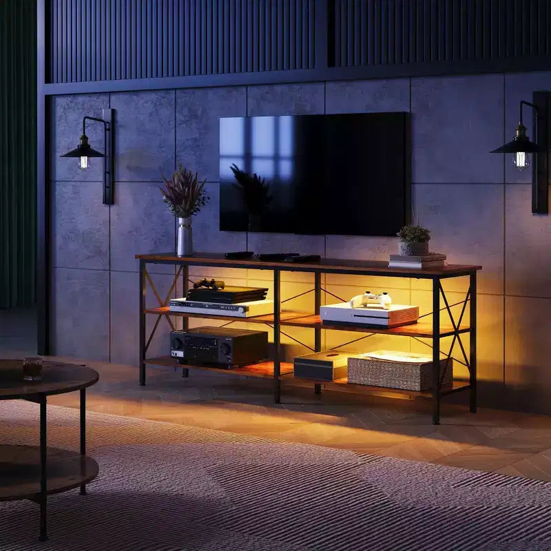 Mobile porta TV GALAXHERO per TV da 65-70 pollici con luci a LED, Centro di intrattenimento da gioco con contenitore, Consolle TV industriale per soggiorno, Greige