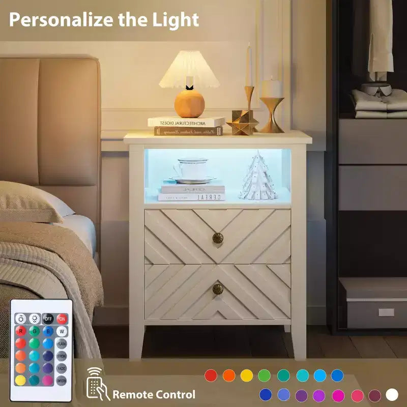 Comodino elegante a LED WhizMax con 2 cassetti e luci colorate telecomandate - Perfetto per camere da letto moderne