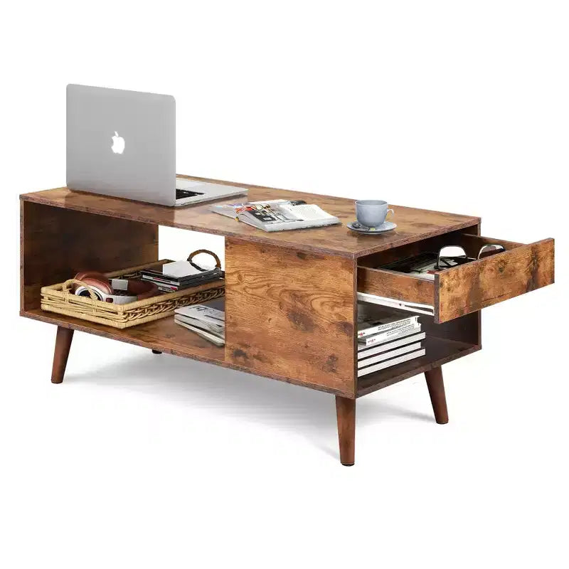 Tavolino da Caffè in Legno con Piano Scorrevole per TV fino a 50 Pollici, Tavolo Centrale Moderno con Ripiano Portaoggetti Aperto per Salotto, Camera da Letto, Marrone Rustico