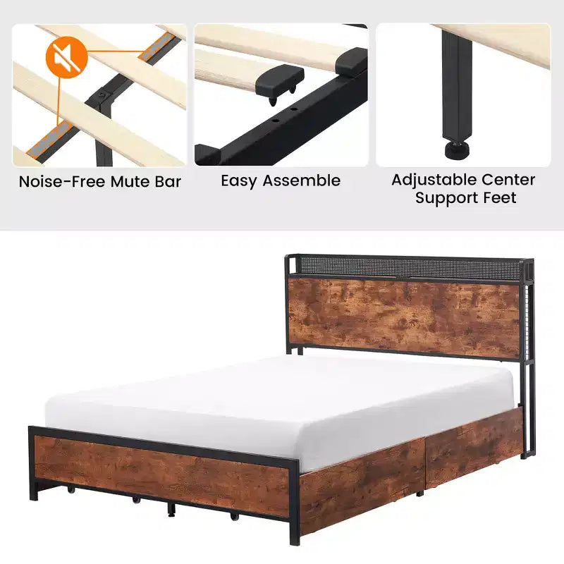 Struttura letto Acekool con cassetti portaoggetti, luci a LED, stazione di ricarica e robuste doghe in legno