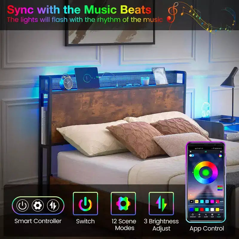 Struttura letto Acekool con cassetti portaoggetti, luci a LED, stazione di ricarica e robuste doghe in legno
