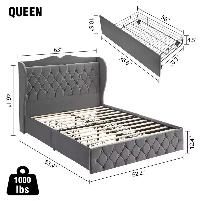 Struttura letto Acekool imbottita in velluto con 4 cassetti contenitore e stazione di ricarica, design capitonné a rombi