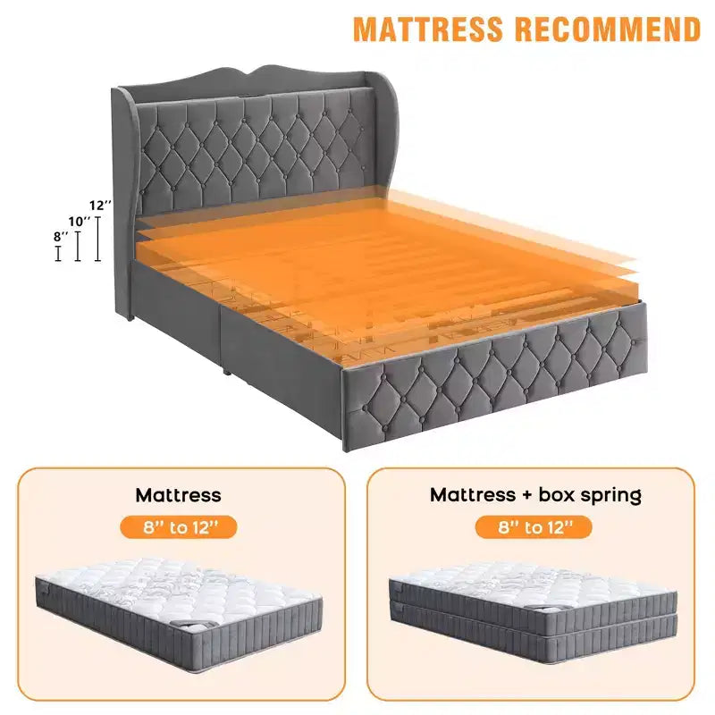 Struttura letto Acekool imbottita in velluto con 4 cassetti contenitore e stazione di ricarica, design capitonné a rombi