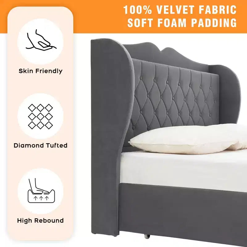 Struttura letto Acekool imbottita in velluto con 4 cassetti contenitore e stazione di ricarica, design capitonné a rombi