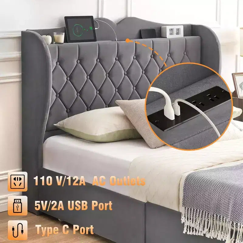 Struttura letto Acekool imbottita in velluto con 4 cassetti contenitore e stazione di ricarica, design capitonné a rombi