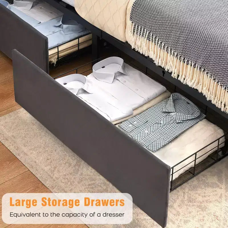 Struttura letto Acekool imbottita in velluto con 4 cassetti contenitore e stazione di ricarica, design capitonné a rombi