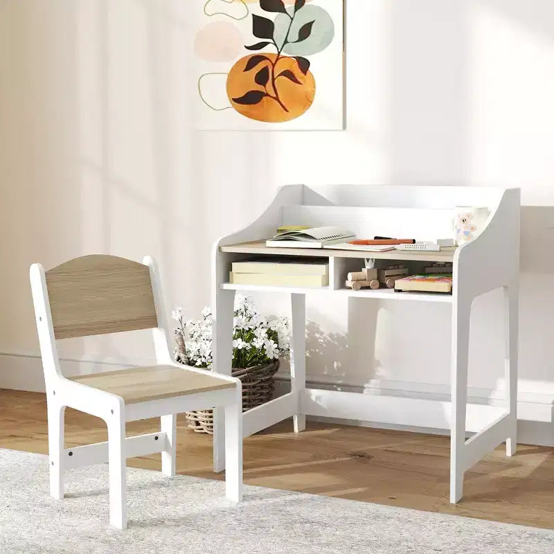 Set Scrivania e Sedia per Bambini Qaba, Tavolo da Studio per Bambini con Scaffali Portaoggetti, Scrivania per Studenti per Camera da Letto e Sala Studio, 3-8 Anni