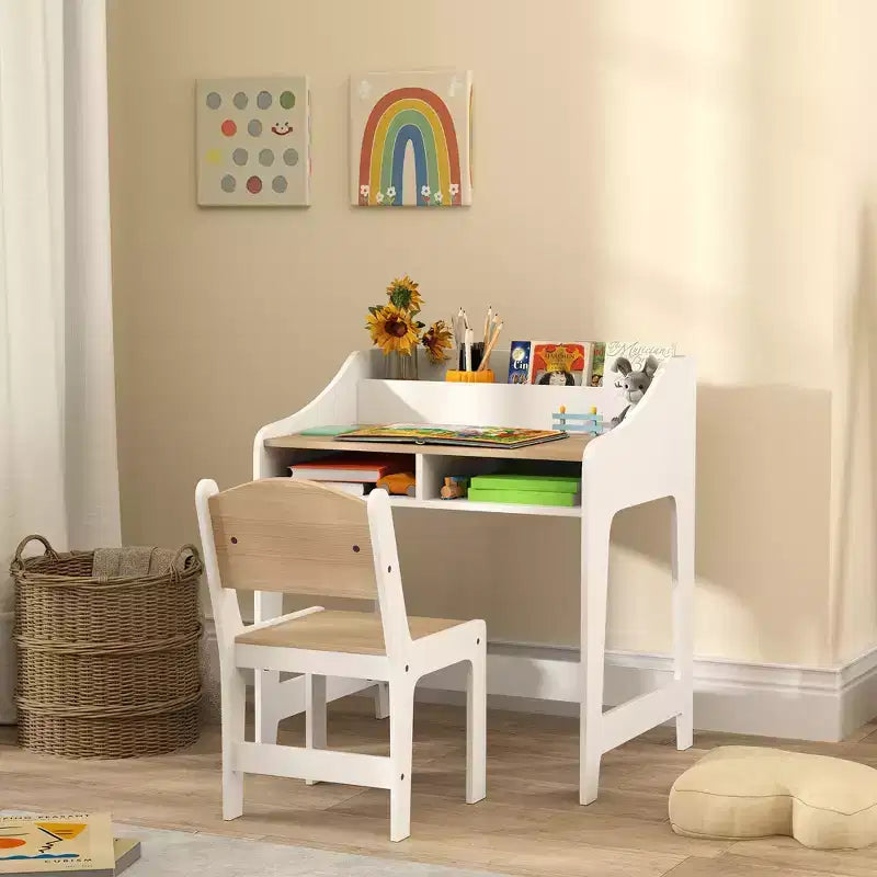Set Scrivania e Sedia per Bambini Qaba, Tavolo da Studio per Bambini con Scaffali Portaoggetti, Scrivania per Studenti per Camera da Letto e Sala Studio, 3-8 Anni