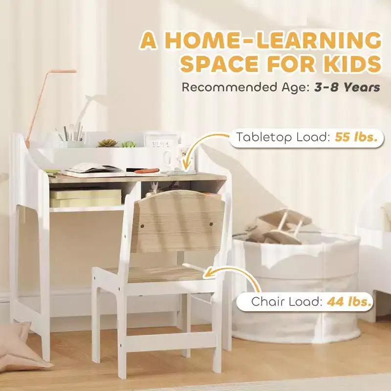 Set Scrivania e Sedia per Bambini Qaba, Tavolo da Studio per Bambini con Scaffali Portaoggetti, Scrivania per Studenti per Camera da Letto e Sala Studio, 3-8 Anni