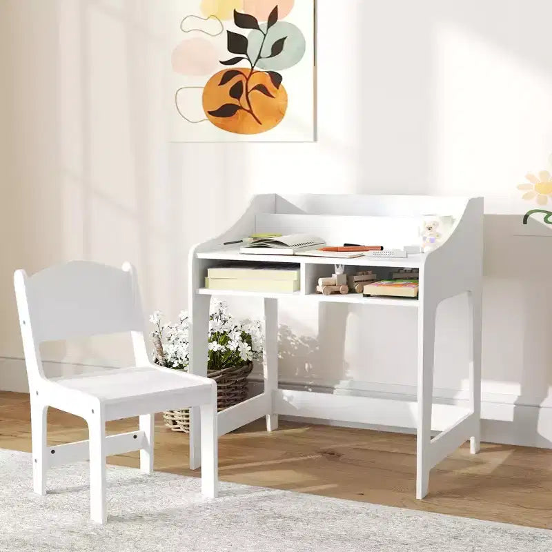 Set Scrivania e Sedia per Bambini Qaba, Tavolo da Studio per Bambini con Scaffali Portaoggetti, Scrivania per Studenti per Camera da Letto e Sala Studio, 3-8 Anni