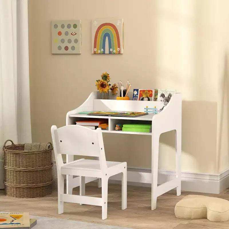 Set Scrivania e Sedia per Bambini Qaba, Tavolo da Studio per Bambini con Scaffali Portaoggetti, Scrivania per Studenti per Camera da Letto e Sala Studio, 3-8 Anni