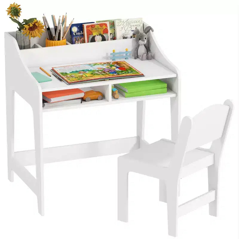 Set Scrivania e Sedia per Bambini Qaba, Tavolo da Studio per Bambini con Scaffali Portaoggetti, Scrivania per Studenti per Camera da Letto e Sala Studio, 3-8 Anni
