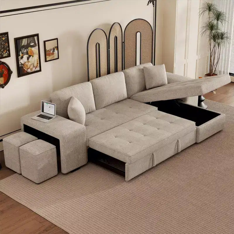 Divano letto sezionale a L reversibile da 104,5 pollici con chaise longue contenitore e 2 pouf - Divano letto convertibile a 3 posti per soggiorno