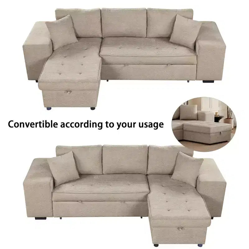 Divano letto sezionale a L reversibile da 104,5 pollici con chaise longue contenitore e 2 pouf - Divano letto convertibile a 3 posti per soggiorno