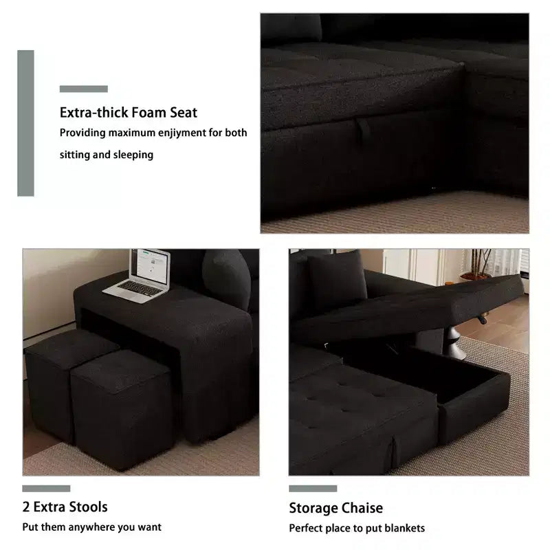 Divano letto sezionale a L reversibile da 104,5 pollici con chaise longue contenitore e 2 pouf - Divano letto convertibile a 3 posti per soggiorno