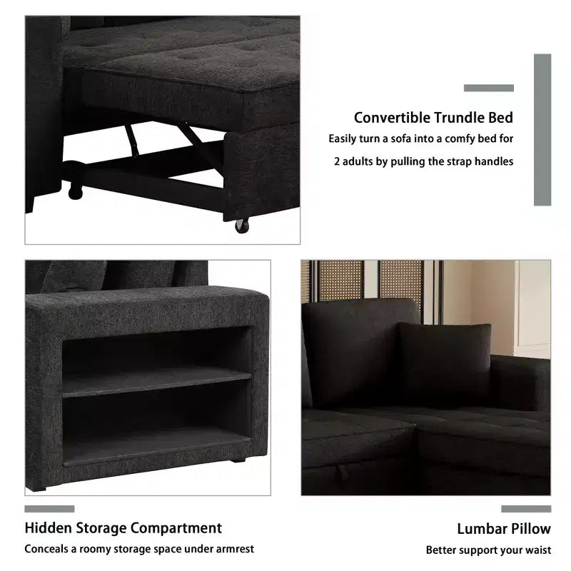 Divano letto sezionale a L reversibile da 104,5 pollici con chaise longue contenitore e 2 pouf - Divano letto convertibile a 3 posti per soggiorno