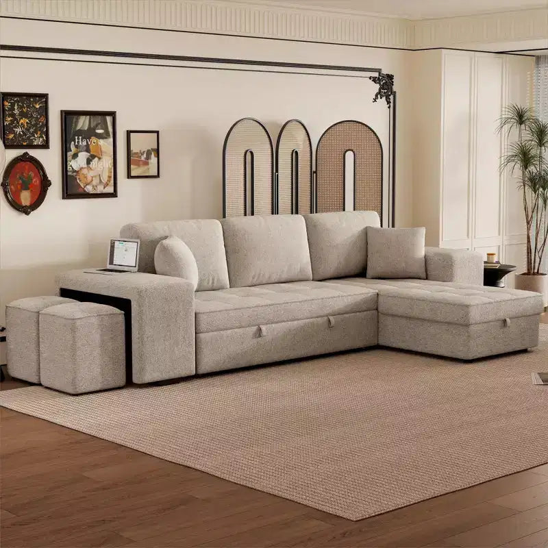Divano letto sezionale a L reversibile da 104,5 pollici con chaise longue contenitore e 2 pouf - Divano letto convertibile a 3 posti per soggiorno