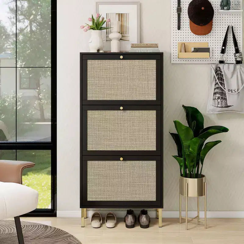 Vatros Rattan Scarpiera a 3 Ante Mobile Portascarpe Moderno Autoportante