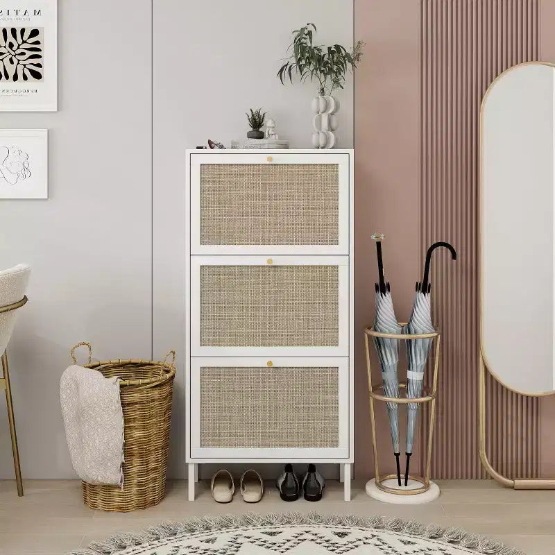 Vatros Rattan Scarpiera a 3 Ante Mobile Portascarpe Moderno Autoportante