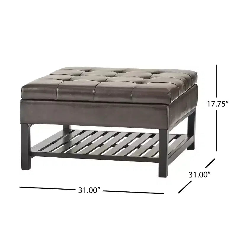 GDFStudio Kilbourne Pouf Contenitore Capitonnè in Ecopelle con Ripiano, Marrone/Marrone Scuro
