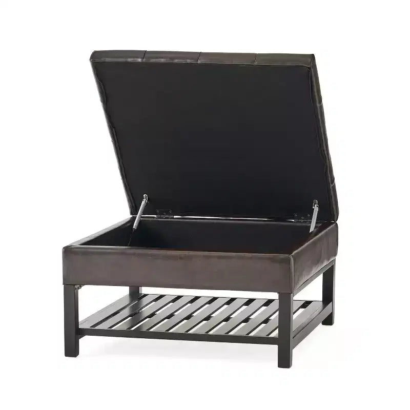 GDFStudio Kilbourne Pouf Contenitore Capitonnè in Ecopelle con Ripiano, Marrone/Marrone Scuro