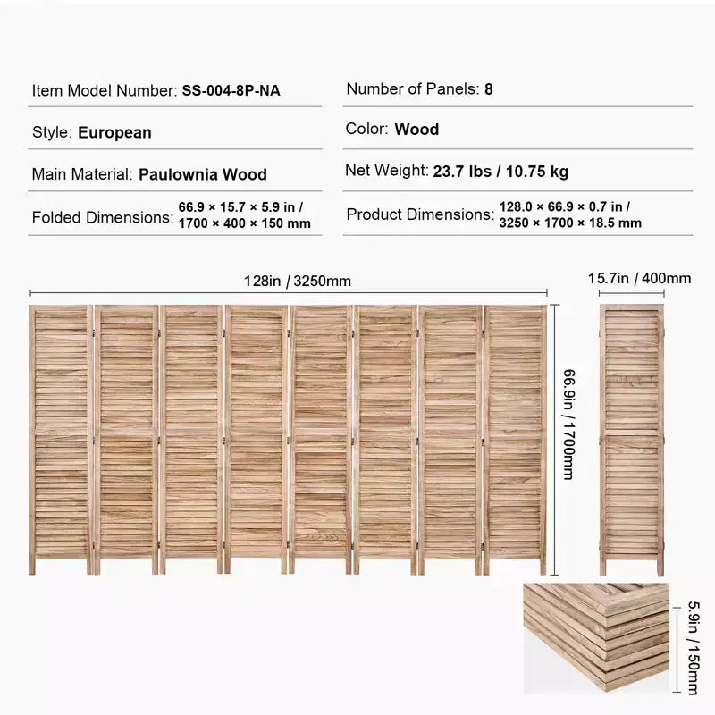 VEVOR Divisorio in Legno, Divisorio Pieghevole a 8 Pannelli, Schermo per Privacy, Divisorio Interno con Persianatura, Altezza 170 cm, Divisorio Decorativo Portatile