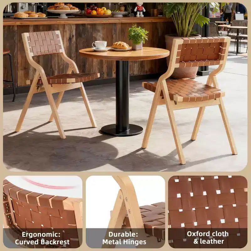 MAYEERTY Set di 2 sedie da pranzo pieghevoli e impilabili in legno per sala da pranzo, seduta e schienale intrecciati, Beige - Naturale