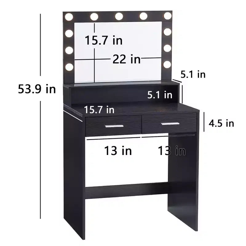 Okak Toletta a 2 Ripiani con Luci Touch, 3 Livelli di Luminosità, Ampio Cassetto e Tavolino Trucco Compatto per Camere da Letto Piccole
