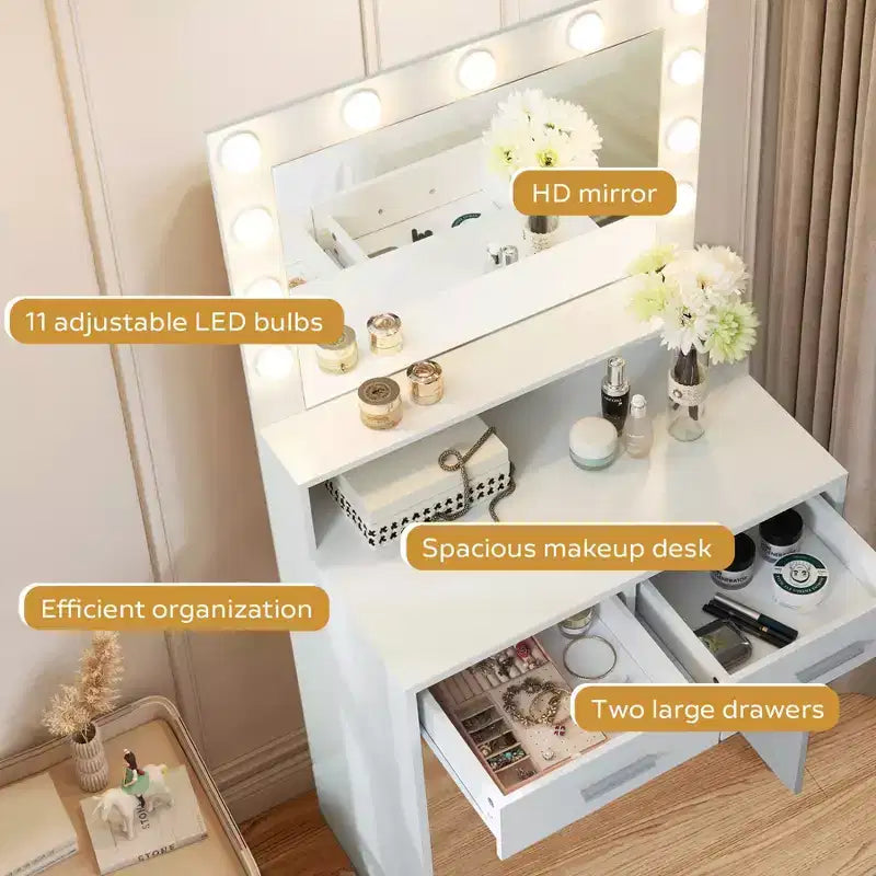 Okak Toletta a 2 Ripiani con Luci Touch, 3 Livelli di Luminosità, Ampio Cassetto e Tavolino Trucco Compatto per Camere da Letto Piccole