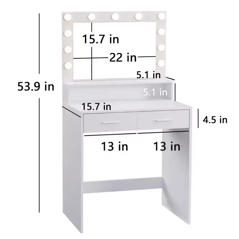 Okak Toletta a 2 Ripiani con Luci Touch, 3 Livelli di Luminosità, Ampio Cassetto e Tavolino Trucco Compatto per Camere da Letto Piccole