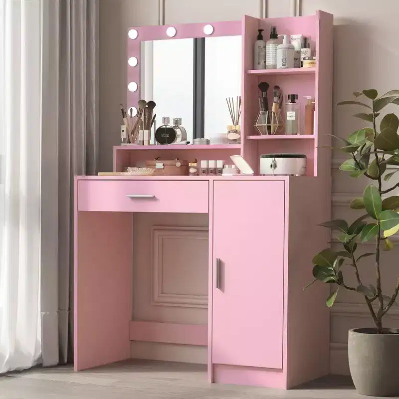 Okak Toletta a 2 Ripiani con Luci Touch, 3 Livelli di Luminosità, Ampio Cassetto e Tavolino Trucco Compatto per Camere da Letto Piccole