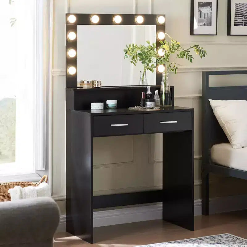 Okak Toletta a 2 Ripiani con Luci Touch, 3 Livelli di Luminosità, Ampio Cassetto e Tavolino Trucco Compatto per Camere da Letto Piccole