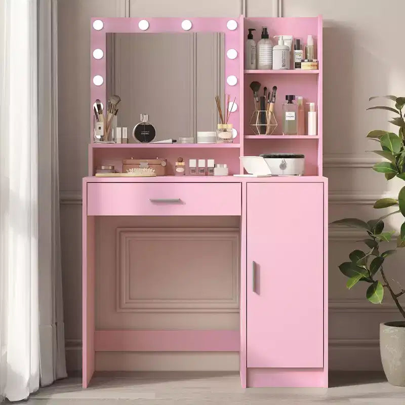 Okak Toletta a 2 Ripiani con Luci Touch, 3 Livelli di Luminosità, Ampio Cassetto e Tavolino Trucco Compatto per Camere da Letto Piccole