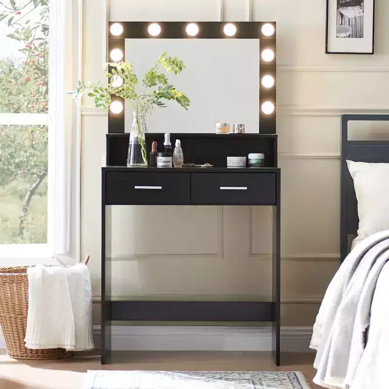 Okak Toletta a 2 Ripiani con Luci Touch, 3 Livelli di Luminosità, Ampio Cassetto e Tavolino Trucco Compatto per Camere da Letto Piccole