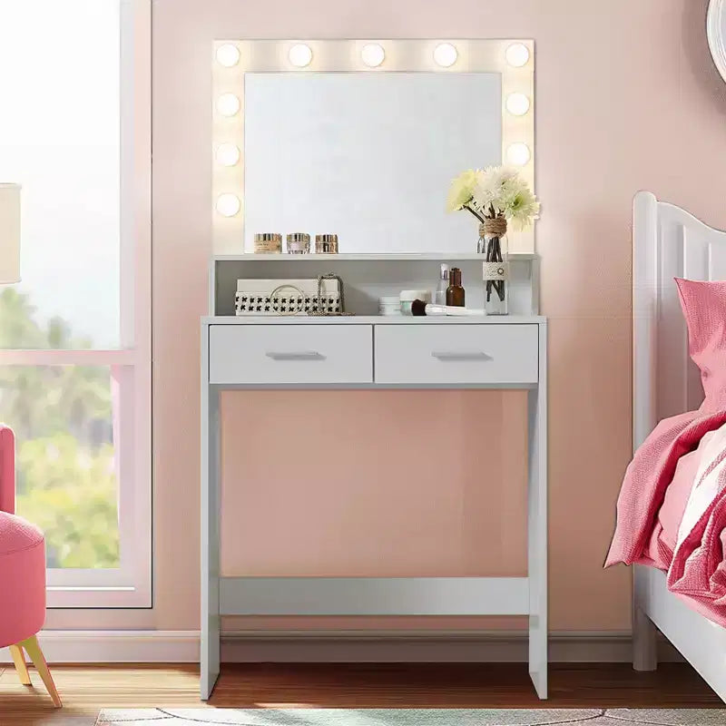 Okak Toletta a 2 Ripiani con Luci Touch, 3 Livelli di Luminosità, Ampio Cassetto e Tavolino Trucco Compatto per Camere da Letto Piccole