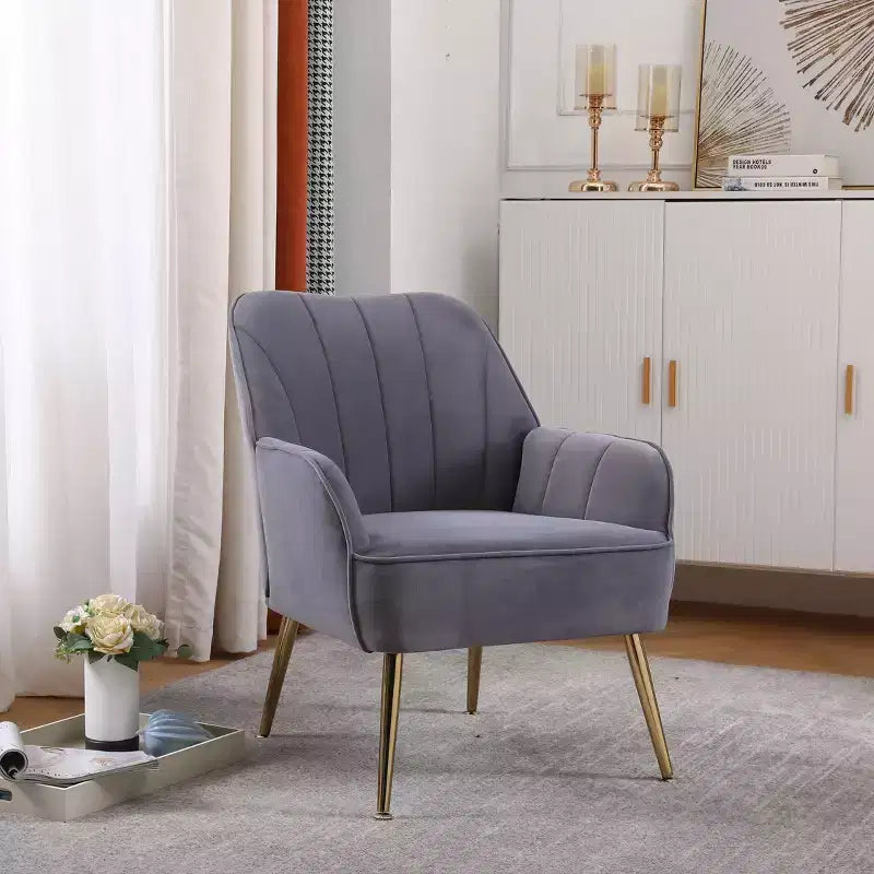 Okak Moderna Poltrona da Salotto in Velluto con Braccioli Imbottiti e Gambe in Legno Dorato, in Stile Mid-Century, per Sala Lettura e Camera da Letto