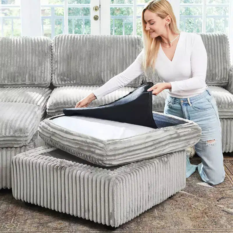 Divano componibile a 6 posti a forma di U Belffin - Divano modulare in velluto a coste con pouf contenitore e design convertibile