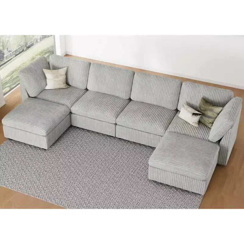 Divano componibile a 6 posti a forma di U Belffin - Divano modulare in velluto a coste con pouf contenitore e design convertibile