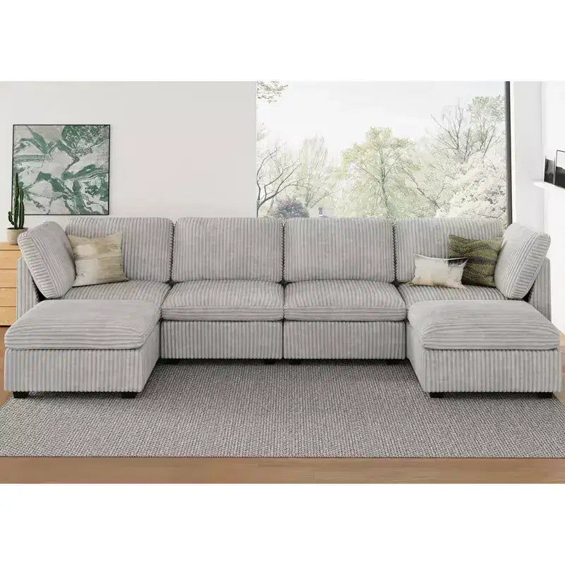 Divano componibile a 6 posti a forma di U Belffin - Divano modulare in velluto a coste con pouf contenitore e design convertibile