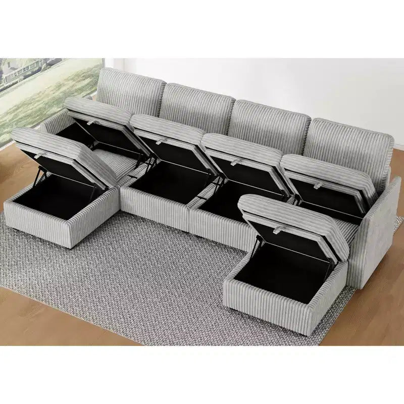 Divano componibile a 6 posti a forma di U Belffin - Divano modulare in velluto a coste con pouf contenitore e design convertibile
