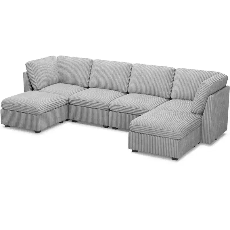 Divano componibile a 6 posti a forma di U Belffin - Divano modulare in velluto a coste con pouf contenitore e design convertibile