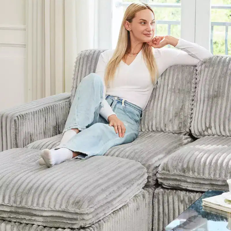 Divano componibile a 6 posti a forma di U Belffin - Divano modulare in velluto a coste con pouf contenitore e design convertibile