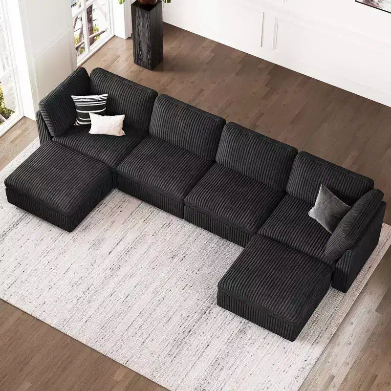 Divano componibile a 6 posti a forma di U Belffin - Divano modulare in velluto a coste con pouf contenitore e design convertibile